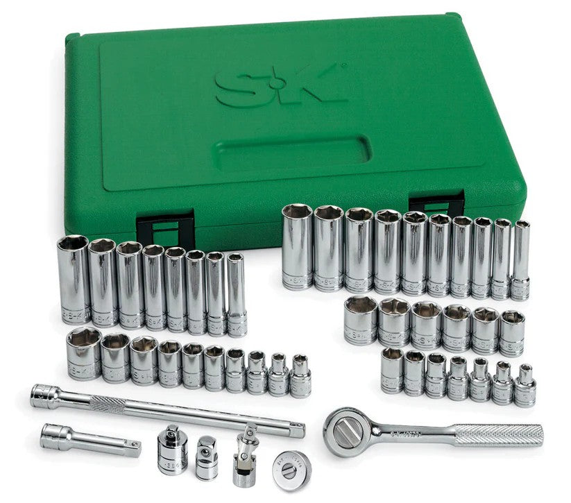 Jeu de 48 douilles 6 pans standard et profondes de 1/4 po (SAE et métriques) avec cliquet et rallonges