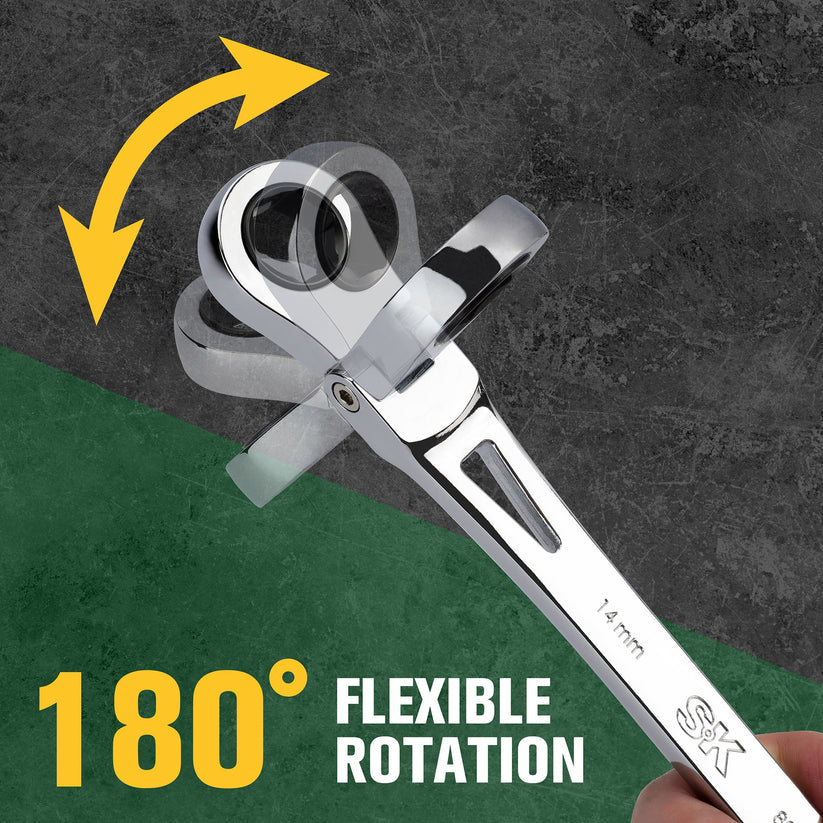 Jeu de 12 clés à cliquet métriques à tête flexible 180° avec manche en I